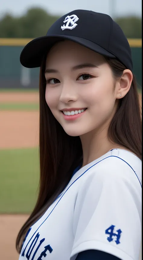 (of the highest quality, 8K, masutepiece: 1.3), Beauty of Perfect Figure: 1.4, dark brown hair, wearing a baseball cap, At the baseball field, Very delicate face and skin, Delicate eyes, Big, Smile