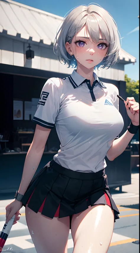 1girl, solo, white polo shirt, white sneakers, tennis wear, white miniskirt, masterpiece, best quality, realistic, hyper-detailed, (shiny skin, sweaty:1.4), absurd, looking at viewer, short white hair, purple eyes, slender, dynamic lighting, high resolutio...