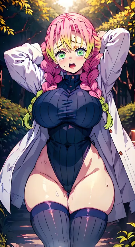 (Perfect body),Best Quality,(8K Portrait),(Official art)、(((muscular)))、embarrassed from、(:o)、One eye is closed、1girl in, Surprised、(is crying)、(((blush))),(Sweat),((((large udder))))、((thick thighs))、(big butts)、(A pink-haired),((Braids)),Long hair, (Gree...