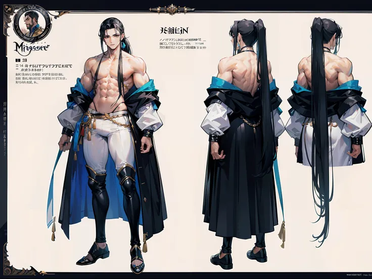 ((Masterpiece, Highest quality)), Detailed face, character design sheet， full bodyesbian, Full of details, frontal body view, back body view, Highly detailed, Depth, Many parts, Muscle boy with ponytail long black hair，handsome man, muscle body, white outf...