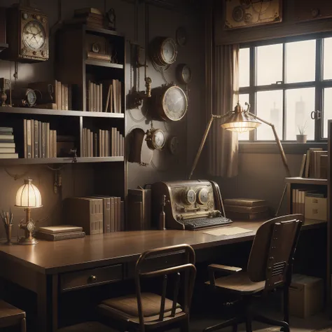 from movie still, fine art, (steampunk:1.4), masterpiece, super detail, high quality, award winning, 8k, A retro phone is on the desk, There are also typewriters, 1960s interior, at the office, in NY, A reliable place to work, Desaturated look, vignetting,...