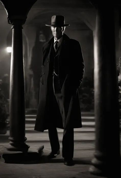 Clint Eastwood, Full body photo where he is with a Fedora and a black overcoat, cachimbo na boca, Ancient times, noir