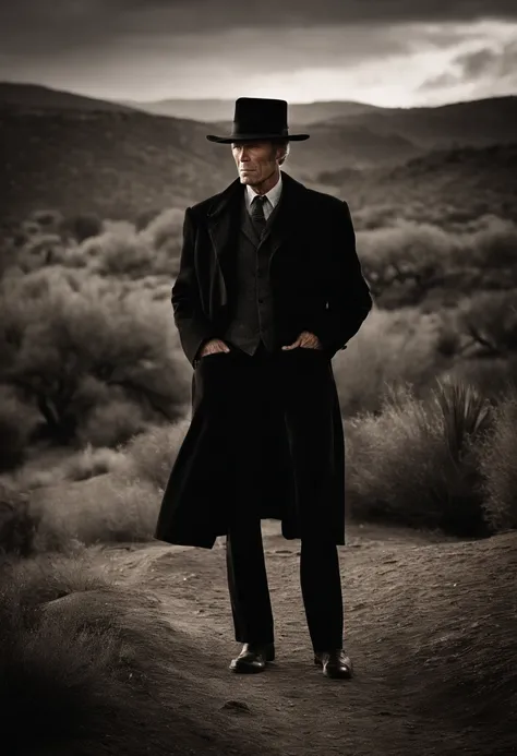 Clint Eastwood, Full body photo where he is with a Fedora and a black overcoat, cachimbo na boca, Ancient times, noir