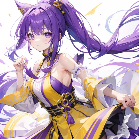 Long purple and yellow bangs，Energetic high ponytail hair，A simple dress with purple, yellow and white accessories，A cute and lively beautiful girl with a very attractive charm