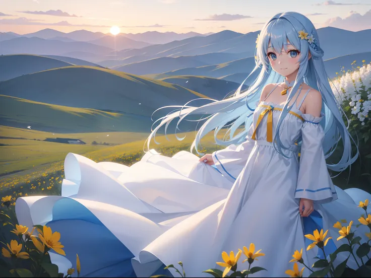 Steppe at sunset　Pretty girl　Light blue long hair　Twin-tailed　A charming smile　White and yellow long dress　Dress flowing in the wind　Red higan flowers are blooming all over　Face Highlights