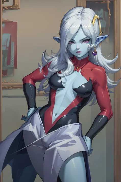 (masterpiece, best quality:1.2), cowboy shot, solo, 1girl, dbtowa, colored skin, blue skin, smug, looking at viewer, hand on hip, hair over one eye, bodysuit, jewelry, earrings