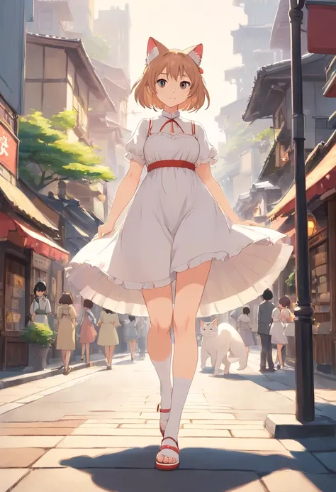 No shoes，Stand barefoot，Masterpiece，Extremely tall maiden，A giantess，Huge maiden，In the city，Full limbs，The face is delicate，White double ponytail，White eyes，White Lolita，Long-range shots，white stockings，There are cat ears on the head, white dresses， cute ...