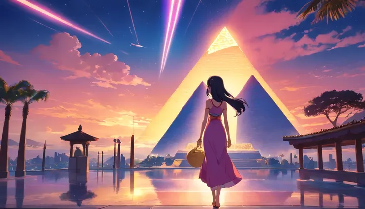 sinister, The stunning Queen Cleopatra is on the far left、Wear a full-length dress size, Staring behind the pyramid, Amber and pink light floating in the sky, A breathtaking masterpiece of true HD photography, Exquisite detail and unparalleled clarity, Sho...