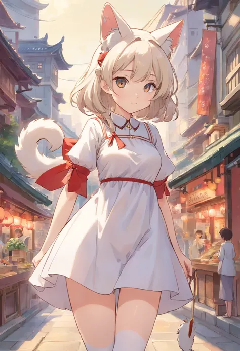 No shoes，Stand barefoot，Masterpiece，Extremely tall maiden，A giantess，Huge maiden，In the city，Full limbs，The face is delicate，White double ponytail，White eyes，White Lolita，Long-range shots，white stockings，There are cat ears on the head, white dresses， cute ...