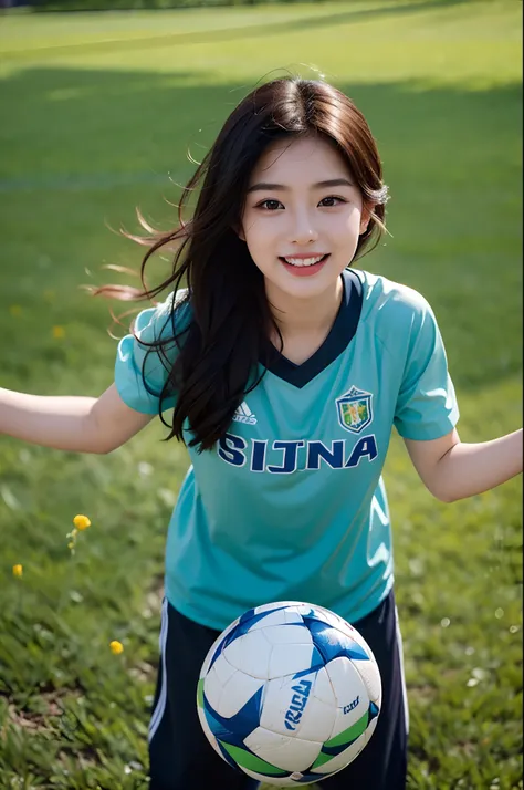 best quality,ultra-detailed,realistic,photo-realistic:1.37,Korean soccer baby,girl in a garden,beautiful detailed eyes,beautiful detailed lips,longeyelashes,girl in Korean national football team jersey,smiling and holding a soccer ball,green grass field,fl...