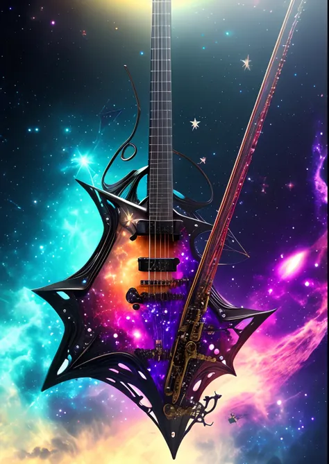 dreamlikeart, galaxy, outer space, nebula, star, [cyberpunked] Three string fiddle from the stars (star:1.5),