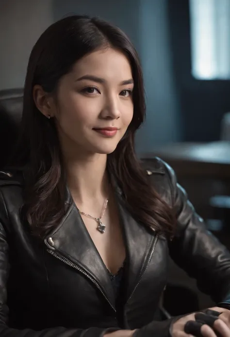 Wearing black leather gloves in both hands Upper body Black leather riders jacket Necklace Facing the desk in the modern study in the dark, looking down and smiling, long straight black hair Young Japanese woman (black leather gloves cover both hands) Sitt...