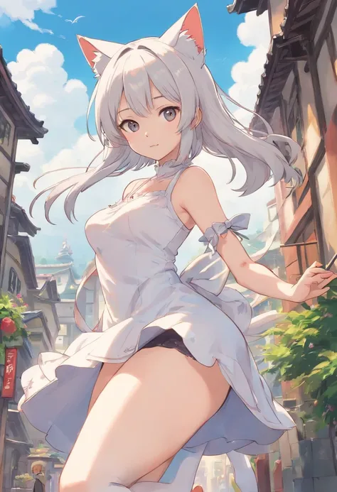 No shoes，Stand barefoot，Masterpiece，Extremely tall maiden，A giantess，Huge maiden，In the city，Full limbs，The face is delicate，White double ponytail，White eyes，White Lolita，Long-range shots，white stockings，There are cat ears on the head, white dresses， cute ...