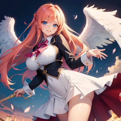 Beautiful girl with angel wings,Cute 2D, Background backlighthigh-definition ，top-quality，Beautiful Beautiful Girl，超A high resolution，A smile，Perfect Beautiful Girl，huge tit，校服、blazers，multicolored hair，