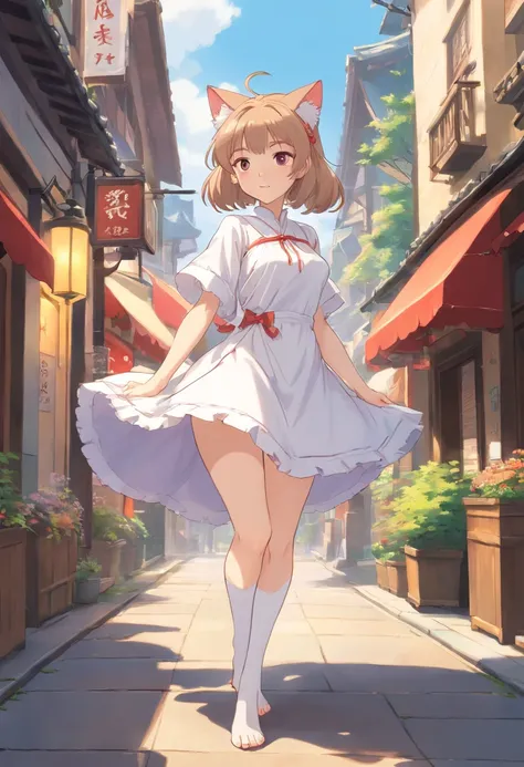 No shoes，Stand barefoot，Masterpiece，Extremely tall maiden，A giantess，Huge maiden，In the city，Full limbs，The face is delicate，White double ponytail，White eyes，White Lolita，Long-range shots，white stockings，There are cat ears on the head, white dresses， cute ...