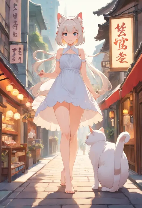 No shoes，Stand barefoot，Masterpiece，Extremely tall maiden，A giantess，Huge maiden，In the city，Full limbs，The face is delicate，White double ponytail，White eyes，White Lolita，Long-range shots，white stockings，There are cat ears on the head, white dresses， cute ...