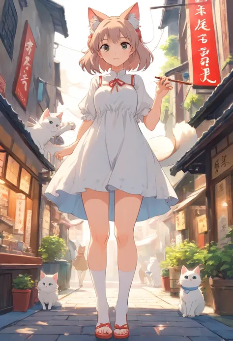 No shoes，Stand barefoot，Masterpiece，Extremely tall maiden，A giantess，Huge maiden，In the city，Full limbs，The face is delicate，White double ponytail，White eyes，White Lolita，Long-range shots，white stockings，There are cat ears on the head, white dresses， cute ...