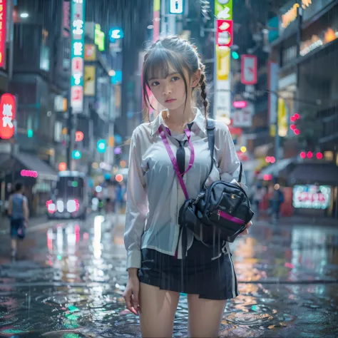 女の子1人、on tokyo street、A city scape、night cityscape、Neon Street、Rain at night、Rain-drenched body、The upper part of the body、a closeup、A smile、、(8K、Raw photography、top-quality、​masterpiece:1.2)、(realisitic、photoRealstic:1.37)、Highly detailed eyelash drawing、...