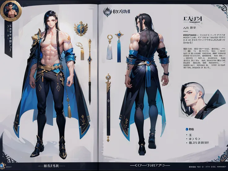 ((Masterpiece, Highest quality)), Detailed face, character design sheet， full bodyesbian, Full of details, frontal body view, back body view, Highly detailed, Depth, Many parts, Muscle boy with long black hair，handsome man, muscle body, white outfit male g...