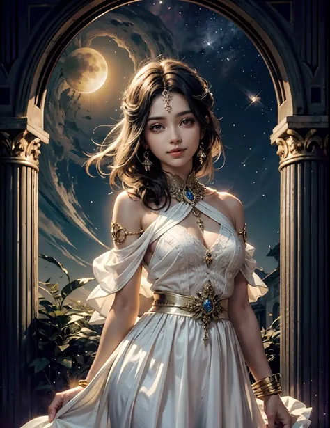 Mitos do Nascer da Lua, Althea, Olhos cinzentos brilhantes, magia da luz, medium-length hair, joias em seu cabelo, ring bracelet on arm, Roupas escuras, capa, Fundo dourado, Olhar confiante, sorriso,