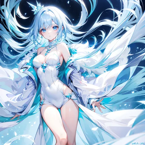 Glowing short ice blue hair，Very sweet and shiny delicate face，Long cotton coat in cream, soft blue and white，high-necked，Pair it with a blue-silver ice crystal necklace，Show off slender, smooth and delicate legs，Very refined and HD