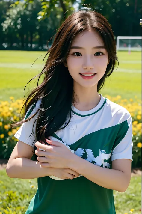 Best quality,Ultra-detailed,Realistic,photo-realistic:1.37,Korean football baby,韓国アイドル，Girl in the garden,Beautiful detailed eyes,beautiful detailed lips,long eyelasher,Girl wearing South Korea national football team jersey,Holding a football with a smile,...