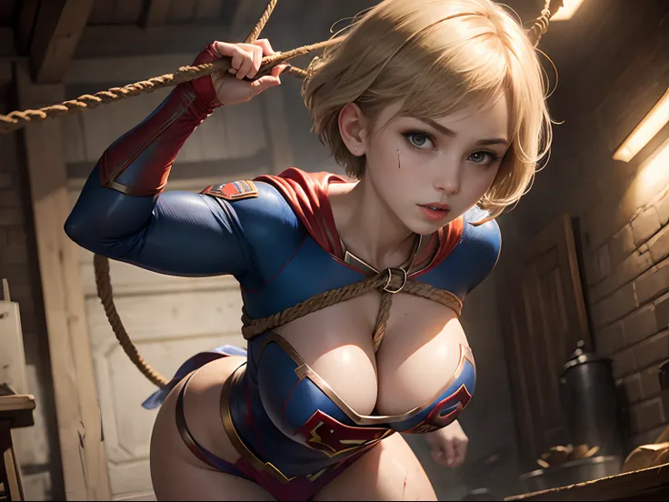 ​masterpiece、Short-haired Supergirl suspended by rough rope、large full breasts、Looking at the camera、Glossy costume、Tattered costume、Injury、heavy injury、bandaged、Dungeon、slaves