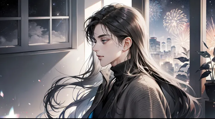 1 man, tall muscular guy, male, delicate face, A joyful individual with disheveled long dark hair and swept-back bangs, donning a stylish grey turltle-neck and thin cardigan, positioned next to a window overlooking a mesmerizing night sky filled with twink...