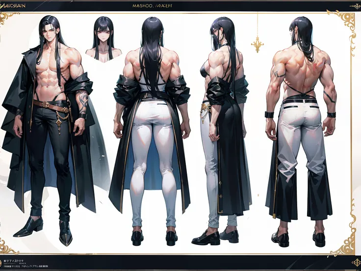 ((Masterpiece, Highest quality)), Detailed face, character design sheet， full bodyesbian, Full of details, frontal body view, back body view, Highly detailed, Depth, Many parts, Muscle boy with long black hair with long bangs，handsome man, muscle body, whi...