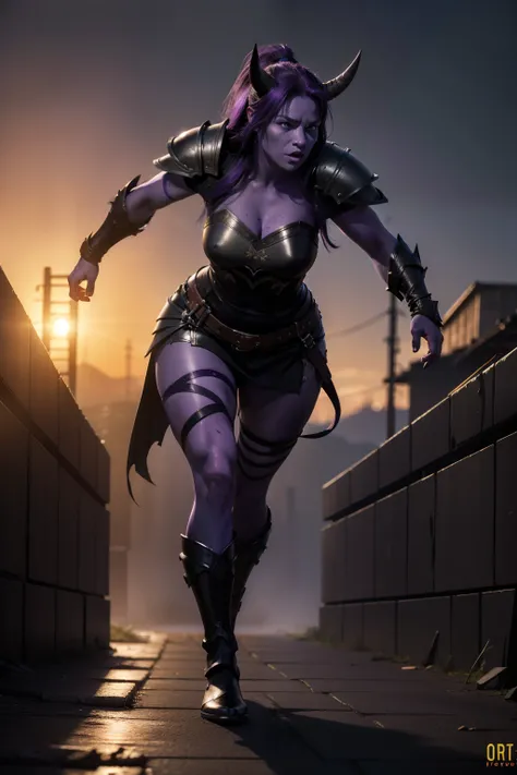 photo photorealism photorealistic photoquality best quality, female ogre with (purple skin:1.2) wearing black leather armor, ogres horn, outdoor, dramatic lighting, bokeh, action pose, full body shot