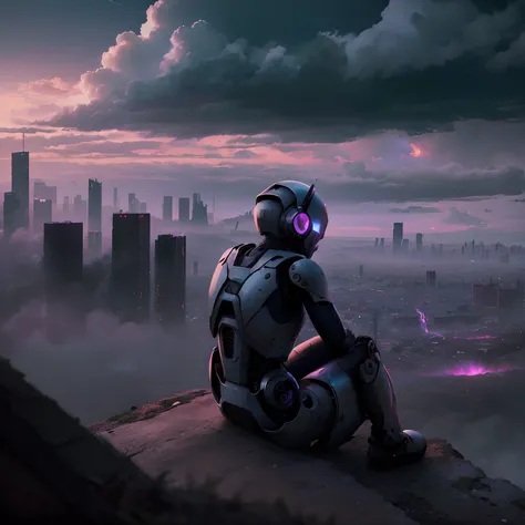 a very sad robot, rusty ancient rundown robot in a crumbling dark decaying world, chin on chest sad, melancholy, crying, tears, head hanging down, on a hill overlooking a dystopian city, shot from behind, extreme long shot, sitting on the edge of a hill-cl...