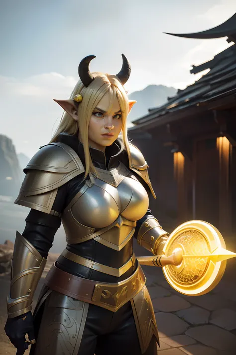 photo photorealism photorealistic photoquality best quality, female ogre with (yellow skin:1.2) wearing black leather armor, ogres horn, outdoor, dramatic lighting, bokeh, action pose, full body shot