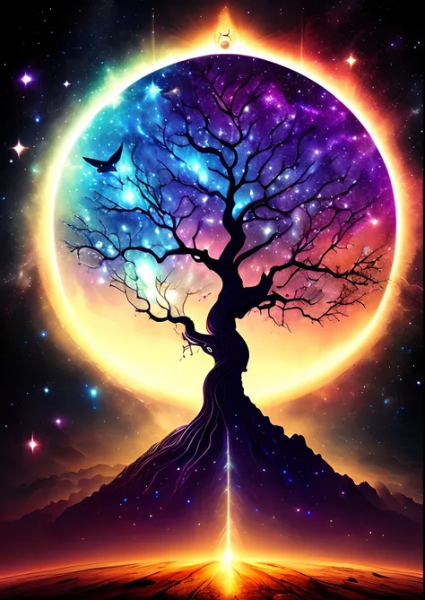 dreamlikeart, galaxy, outer space, nebula, star, [cyberpunked] Bodhi tree from the stars (star:1.5),