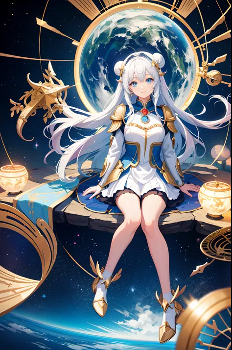 Anime girl sitting on a large object in the middle of space, Anime goddess, celestial goddess, goddess of space and time, extremely detailed goddess shot, goddess of galaxies, Beautiful celestial mage, knights of zodiac girl, goddess of time, Kushatt Krenz...