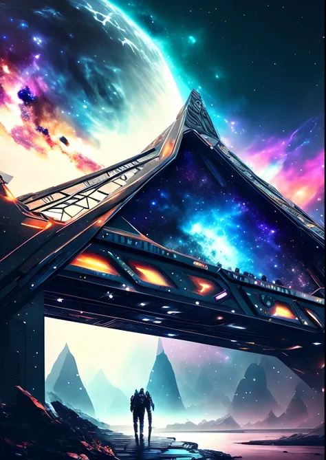 dreamlikeart, galaxy, outer space, nebula, star, [cyberpunked] Bridge from the Stars (star:1.5),