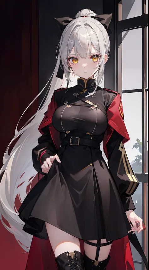 (top-quality、​masterpiece、high-level image quality、Super delicate)、a beauty girl、smooth ash gray hair、(Loose ponytail tied with a black ribbon)、Gorgeous yellow eyes、large full breasts、((Dark red long jacket and black military uniform sexy dress、Black Thigh...