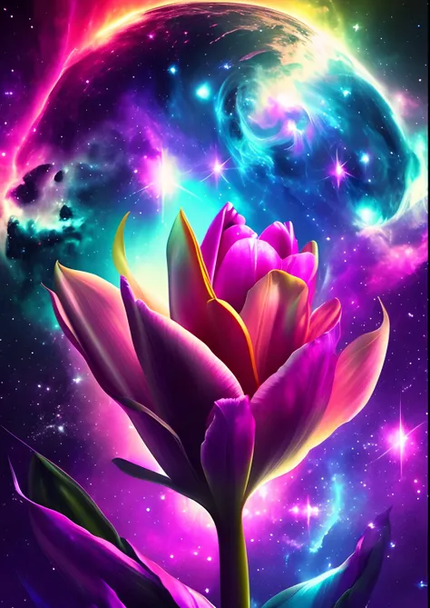 dreamlikeart, galaxy, outer space, nebula, star, [cyberpunked] Tulips from the stars (star:1.5),