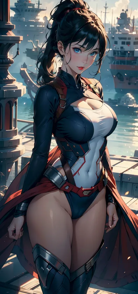 1female，35yo，plumw，extremely large bosom， 独奏，（Background with：Huge machinery，warships，the sea，battleships，nevando） She has short black hair，High ponytail，Standing at the bow of the ship，，seen from the front， hair straight， mostly cloudy sky，（（（tmasterpiece...