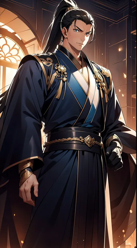 quadratic element，style of anime，mtu（Male Warrior），The proportions are correct，Face details，swordsmen，High ponytail hairstyle，Neck details，There is an Adams apple，Blue suit，kaftan，long blue robes，clothes details，Handing over，longer sleeves，Game quality，Swo...