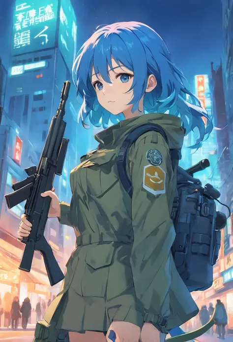 soldado de elite, blue hair with gas mask holding a rifle