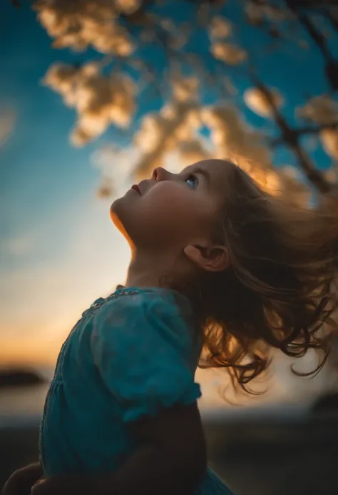 A close-up of the daughter, Lily, looking up at the sky with wonder and curiosity.