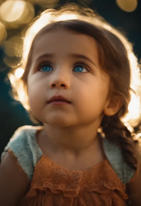 A close-up of the daughter, Lily, looking up at the sky with wonder and curiosity.