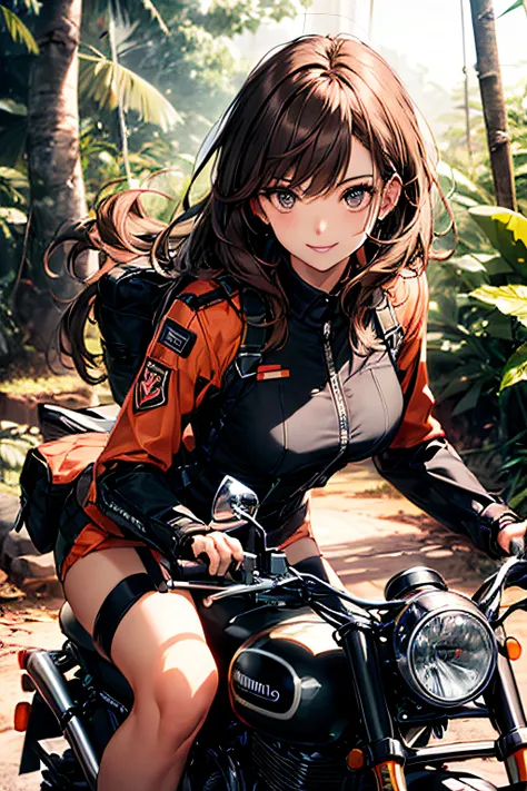 Cybernetic arm and glowing robot cyber girl,(Sheer and revealing costumes:1.3, ),(Robot Cyber Girl riding a powerful military-style motorcycle galloping through jungle:1.3), Glossy light brown and orange striped shorthair,Cute smile,Perfect round face,A ch...