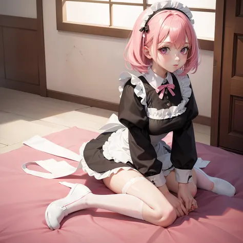 Pink hair loli, wearing a maid outfit, Kneeling, Legs and five fingers, More meat, Cute 2D, backgroundbacklitHD ，top-quality，超A high resolution，Beautiful Beautiful Girl， huge tit，