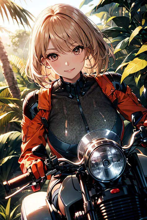 Cybernetic arm and glowing robot cyber girl,(Sheer and revealing costumes:1.3, ),(Robot Cyber Girl riding a powerful military-style motorcycle galloping through jungle:1.3), Glossy light brown and orange striped shorthair,Cute smile,Perfect round face,A ch...