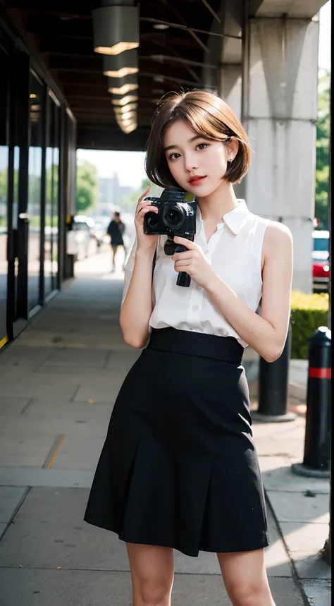 teens girl，photographers，gentle and cute，short detailed hair，Portable microphone，Reporter，aerodrome，long  skirt，Professional women，occupation：the reporter interviews，Girl with Nikon camera，speech