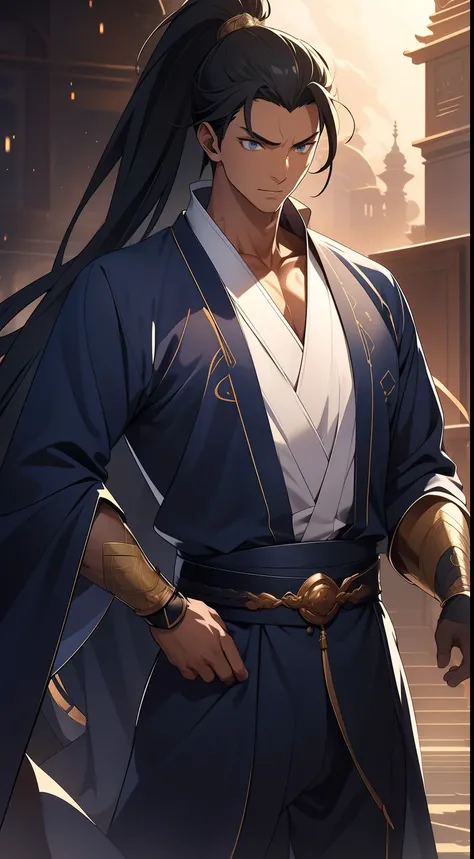 quadratic element，style of anime，mtu（Male Warrior），The proportions are correct，Face details，swordsmen，High ponytail hairstyle，Neck details，There is an Adams apple，Blue suit，kaftan，long blue robes，clothes details，Handing over，longer sleeves，Game quality，Swo...