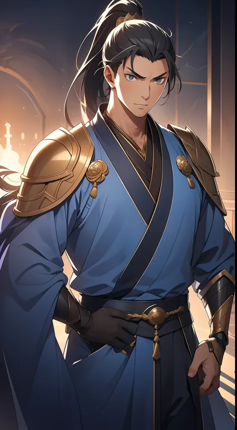 quadratic element，style of anime，mtu（Male Warrior），The proportions are correct，Face details，swordsmen，High ponytail hairstyle，Neck details，There is an Adams apple，Blue suit，kaftan，long blue robes，clothes details，Handing over，longer sleeves，Game quality，Swo...