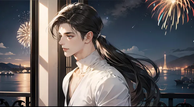 1 man, tall muscular guy, male, delicate face, A joyful individual with disheveled long dark hair and swept-back bangs, donning a stylish grey turltle-neck and thin cardigan, positioned next to a window overlooking a mesmerizing night sky filled with twink...