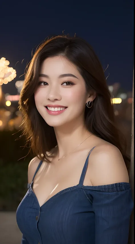 ((Night Scene, Realistic Light, Best Quality, 8k, Masterpiece: 1.3)), 1 Girl, Slim Body Beauty: 1.4, Brown Hair, (Big: 1.3), Off Shoulder Cut Top: 1.3, Ultra Detailed Face, Detailed Eyes, Double Eyelids, Disneyland, Fountain, Castle, Fireworks, Smile, Clea...